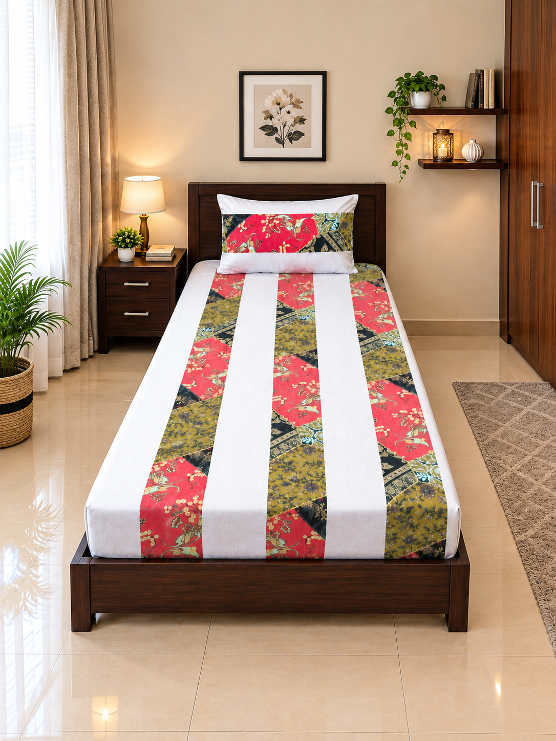 1 PCS Plain 1 2 PC Patchwork Single Bed Sheet Set – Red & Olive Floral Patchwork - Image 1