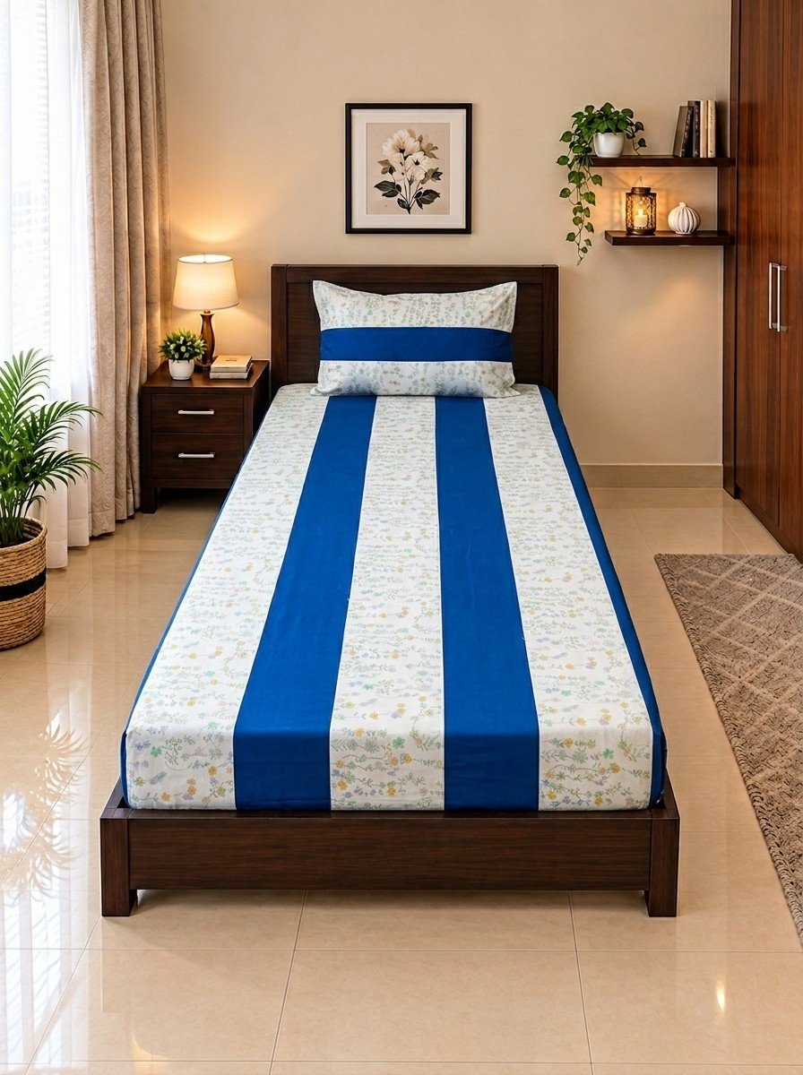 1 PCS Plain 10 2 PC Patchwork Single Bed Sheet Set – Royal Blue & Wildflower Stripe Print - Image 1