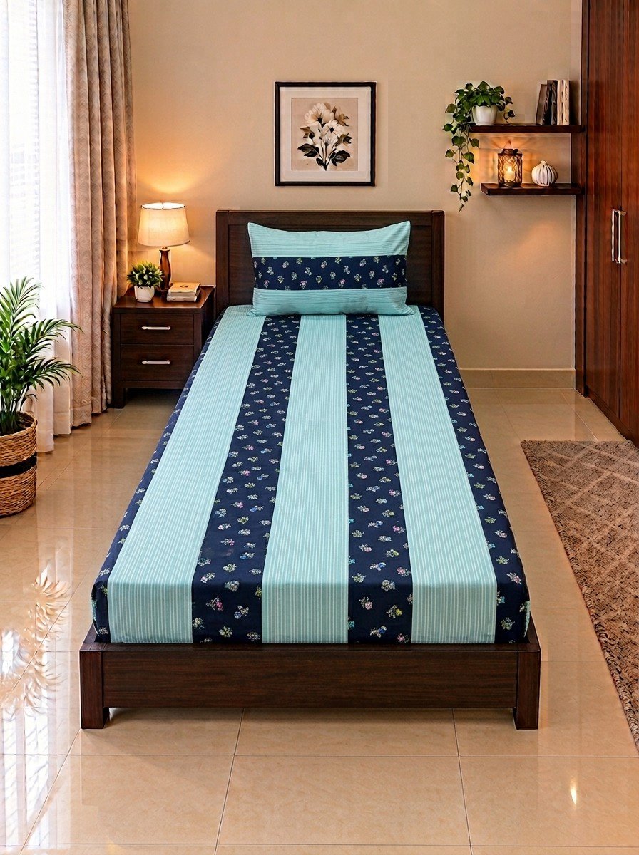 1 PCS Plain 11 1 PCS Plain Single Bedsheet - 11 (Aqua Blue Pinstripe) - Image 1