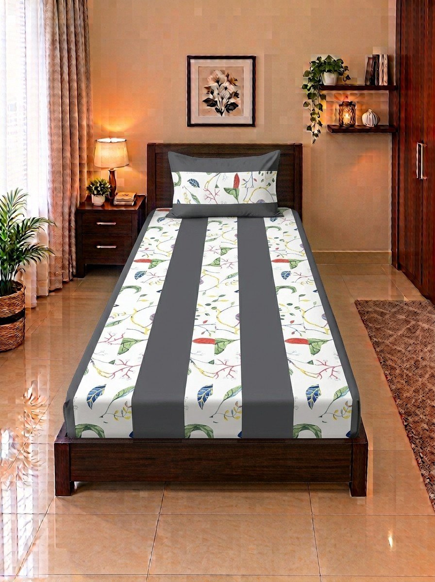 1 PCS Plain 13 1 PCS Plain Single Bedsheet - 13 (Charcoal Gray Botanical Leaf) - Image 1