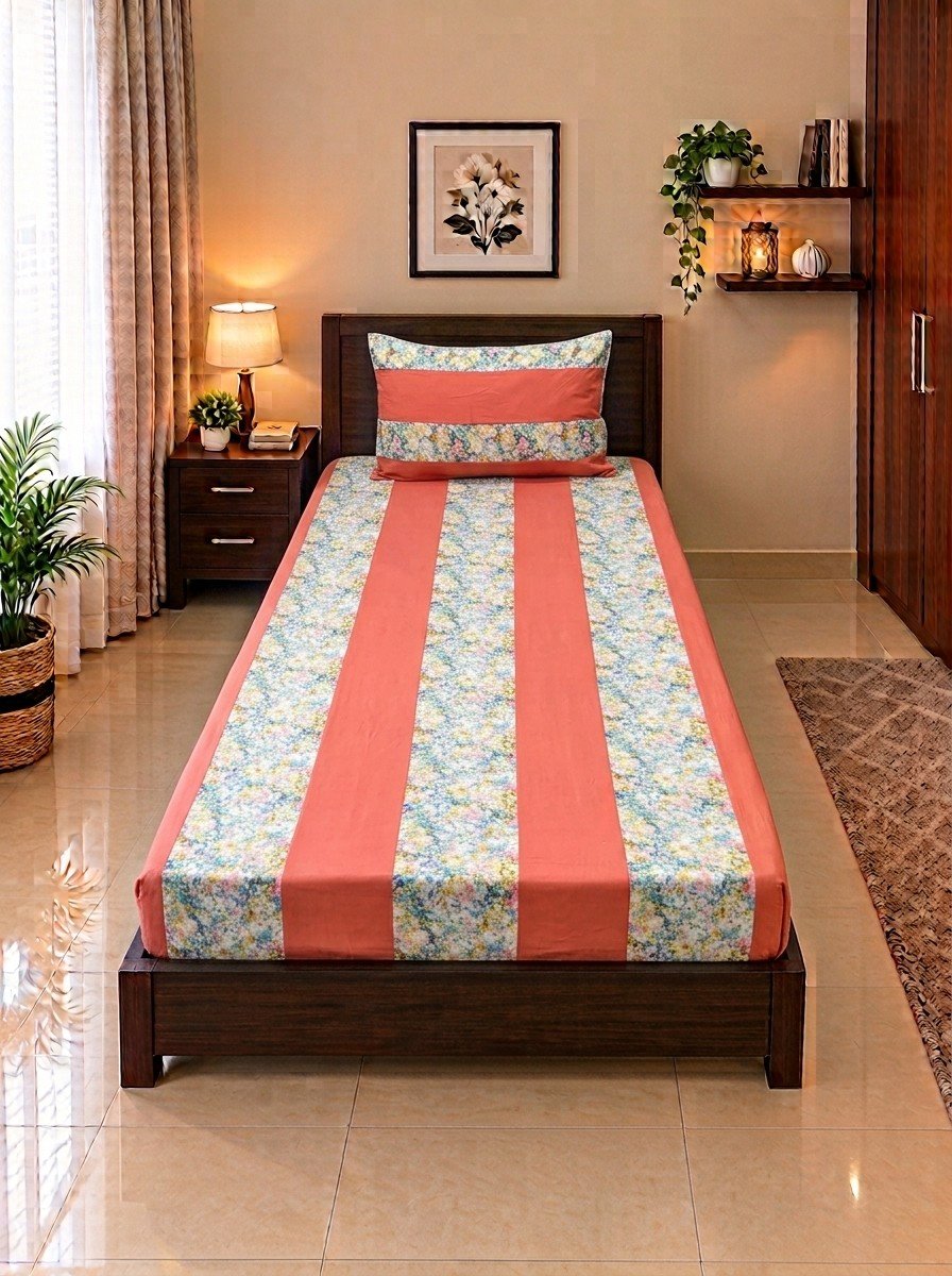 1 PCS Plain 14 1 PCS Plain Single Bedsheet - 14 (Coral Peach Floral) - Image 1