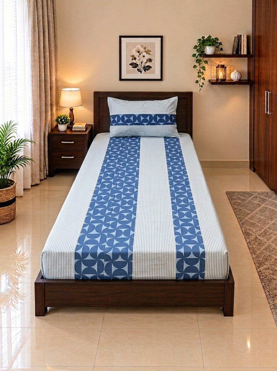 1 PCS Plain 15 1 PCS Plain Single Bedsheet - 15 (Light Blue Geometric Circle) - Image 1