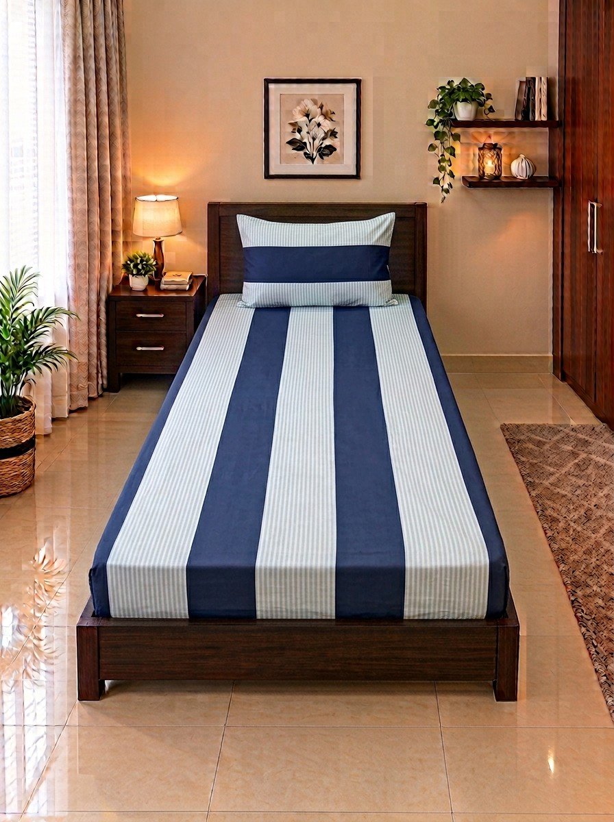 1 PCS Plain 18 1 PCS Plain Single Bedsheet - 18 (Navy Blue & Light Blue Stripe) - Image 1