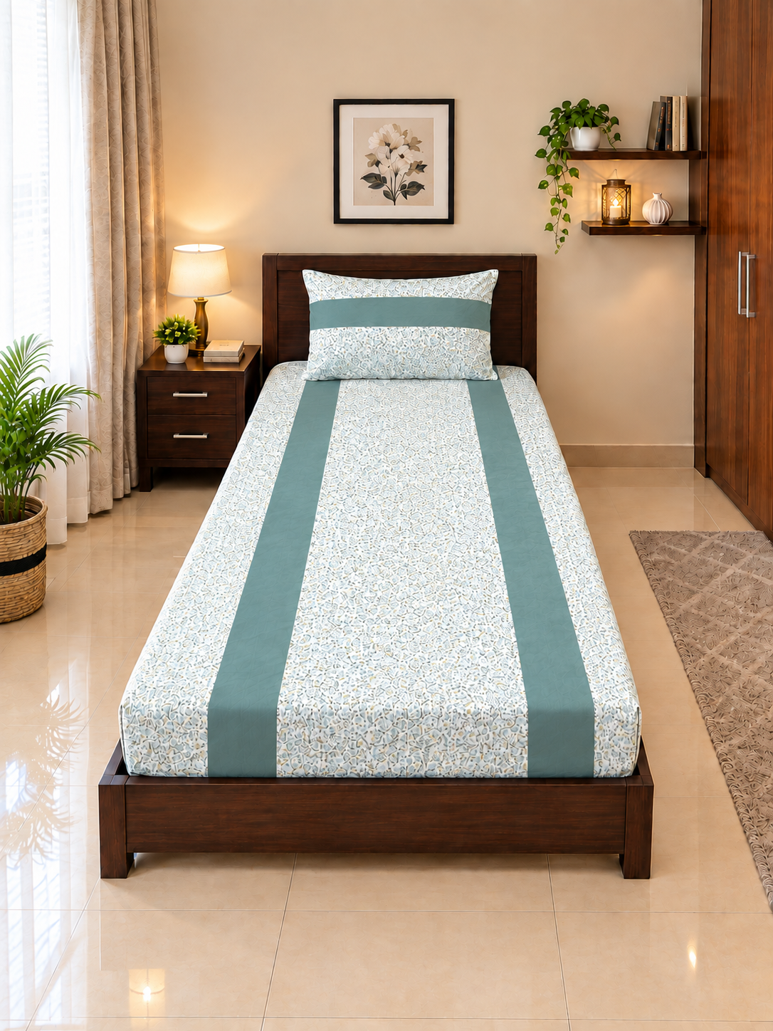 1 PCS Plain 2 2 PC Patchwork Single Bed Sheet Set – Mint Green Subtle Floral Print - Image 1