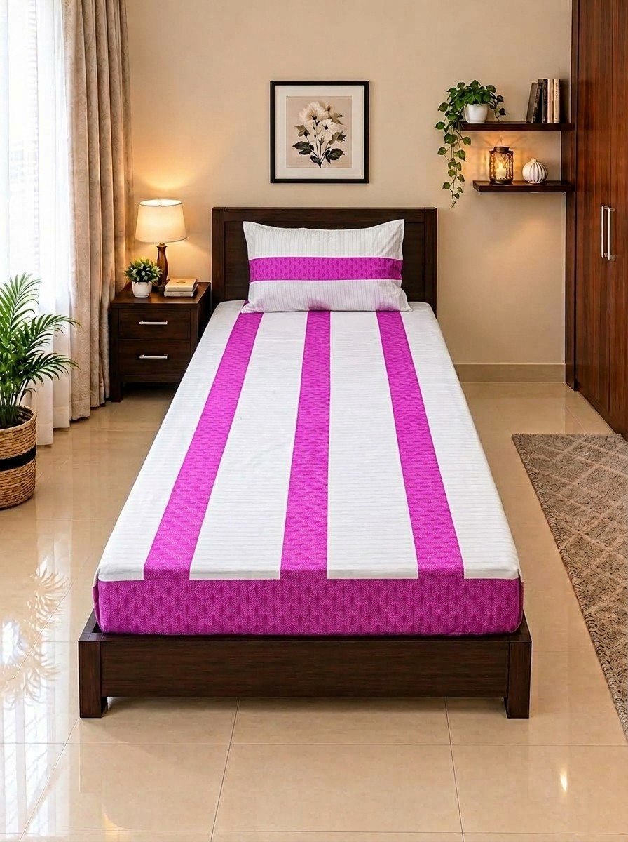1 PCS Plain 21 2 PC Patchwork Single Bed Sheet Set – Magenta & White Striped - Image 1