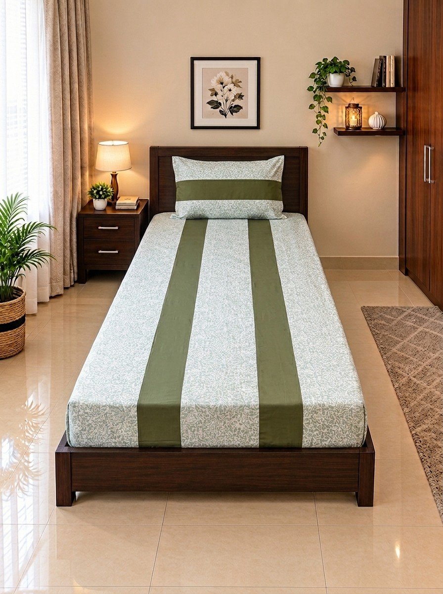 1 PCS Plain 22 2 PC Patchwork Single Bed Sheet Set – Sage Green & White Floral - Image 1