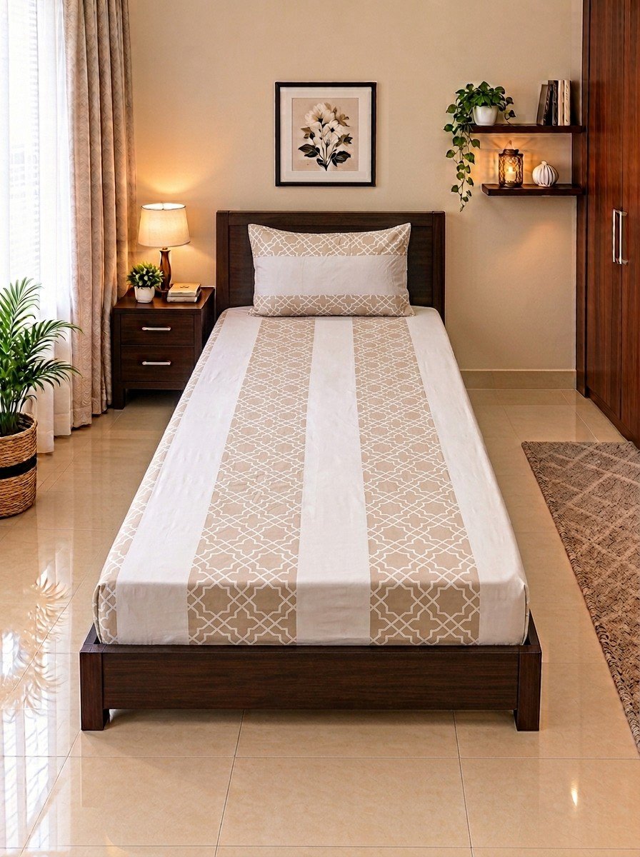 1 PCS Plain 23 2 PC Patchwork Single Bed Sheet Set – Beige & White Geometric - Image 1