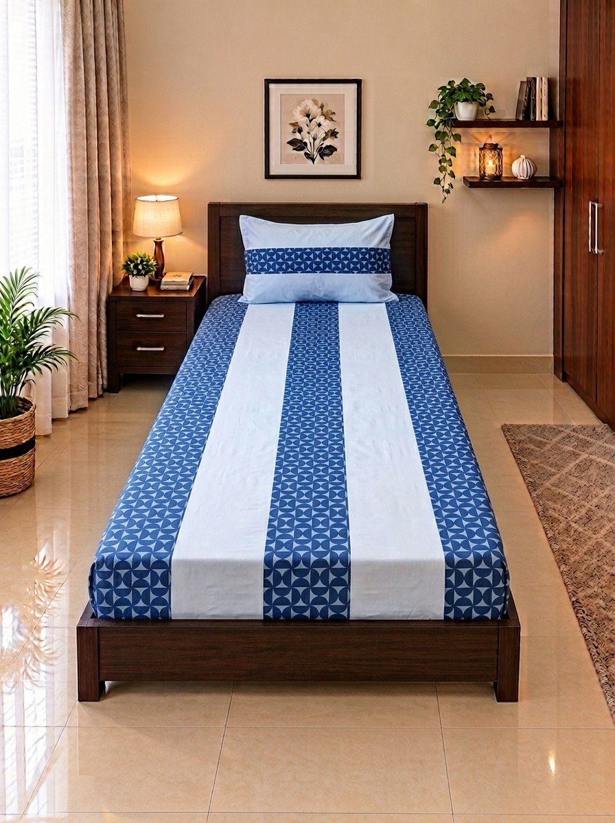 1 PCS Plain 24 2 PC Patchwork Single Bed Sheet Set – Sky Blue Geometric Mosaic - Image 1