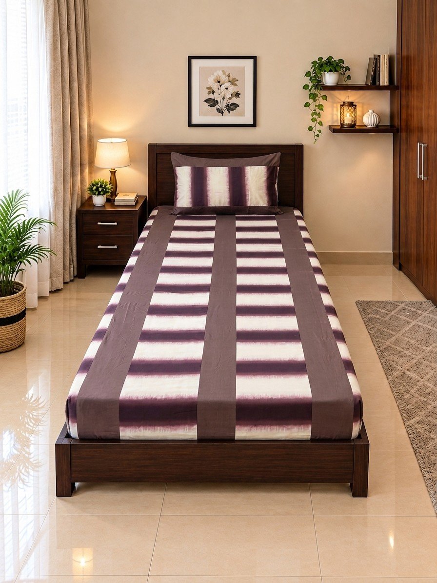 1 PCS Plain 25 2 PC Patchwork Single Bed Sheet Set – Deep Purple Panel Striped - Image 1