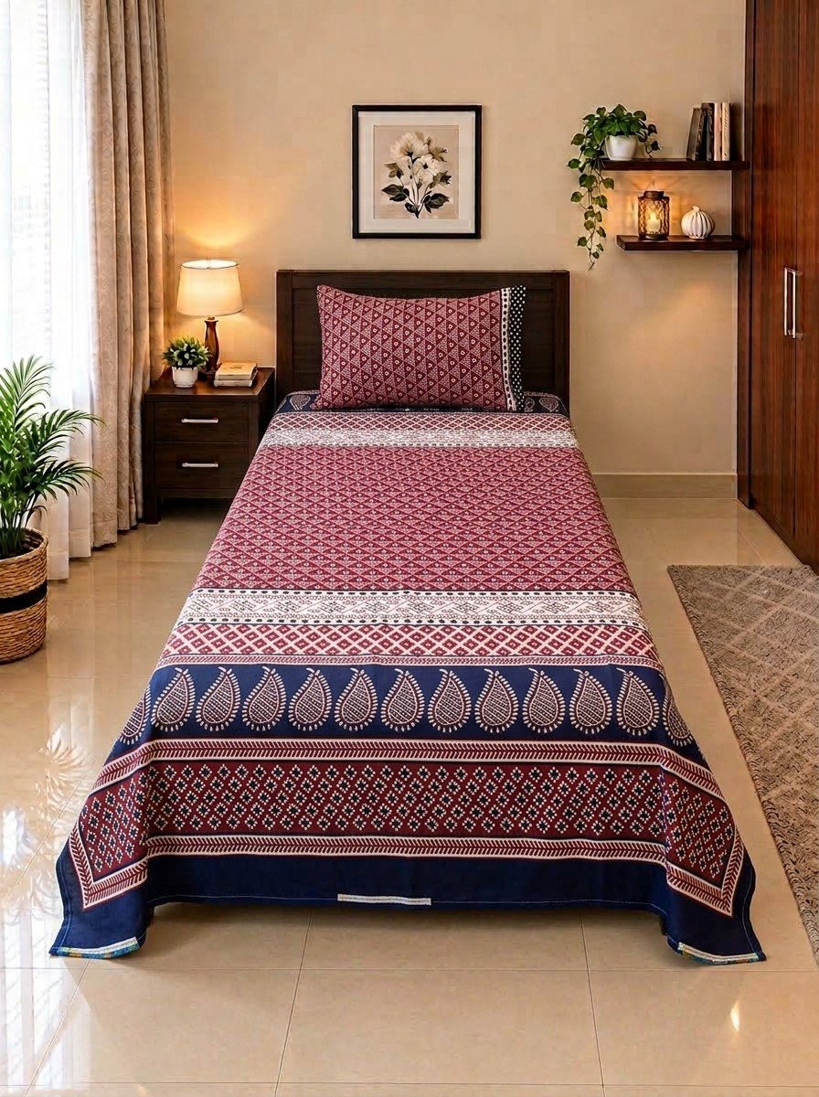 1 PCS Plain 26 2 PC Patchwork Single Bed Sheet Set – Maroon & Navy Paisley - Image 1