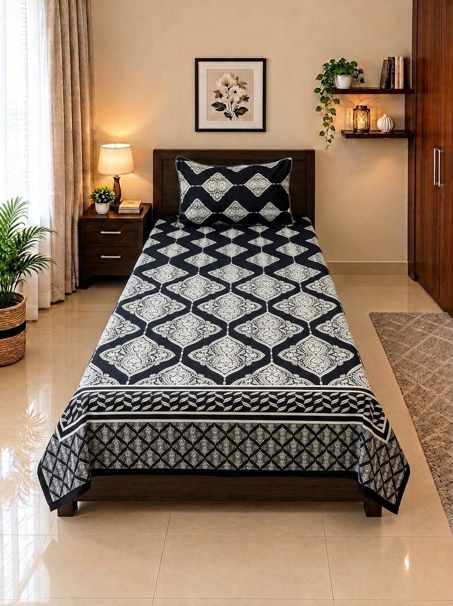 1 PCS Plain 27 2 PC Patchwork Single Bed Sheet Set – Navy & White Ornamental - Image 1