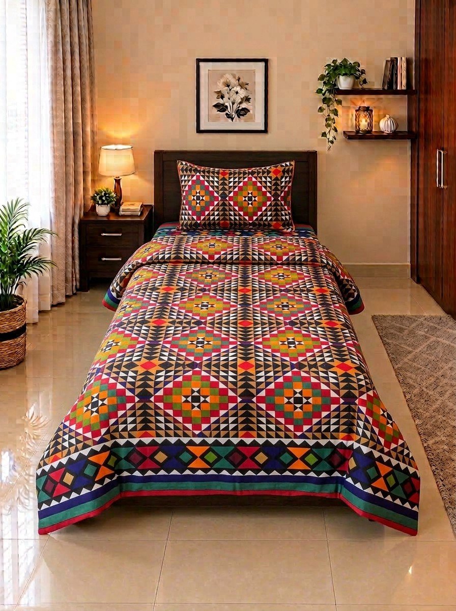 1 PCS Plain 28 2 PC Patchwork Single Bed Sheet Set – Multicolor Geometric Diamond - Image 1