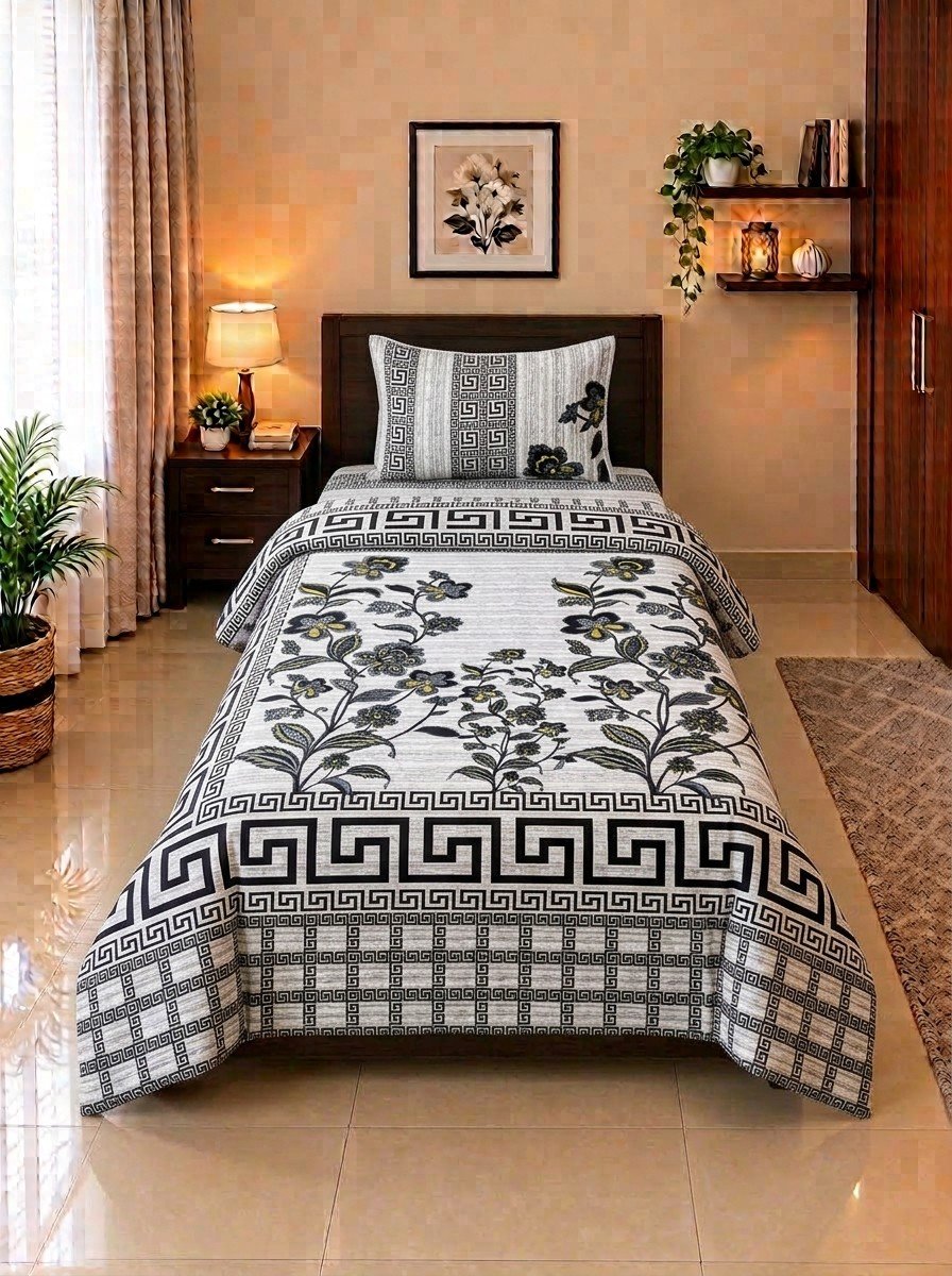 1 PCS Plain 29 2 PC Patchwork Single Bed Sheet Set – Black & White Greek Key - Image 1
