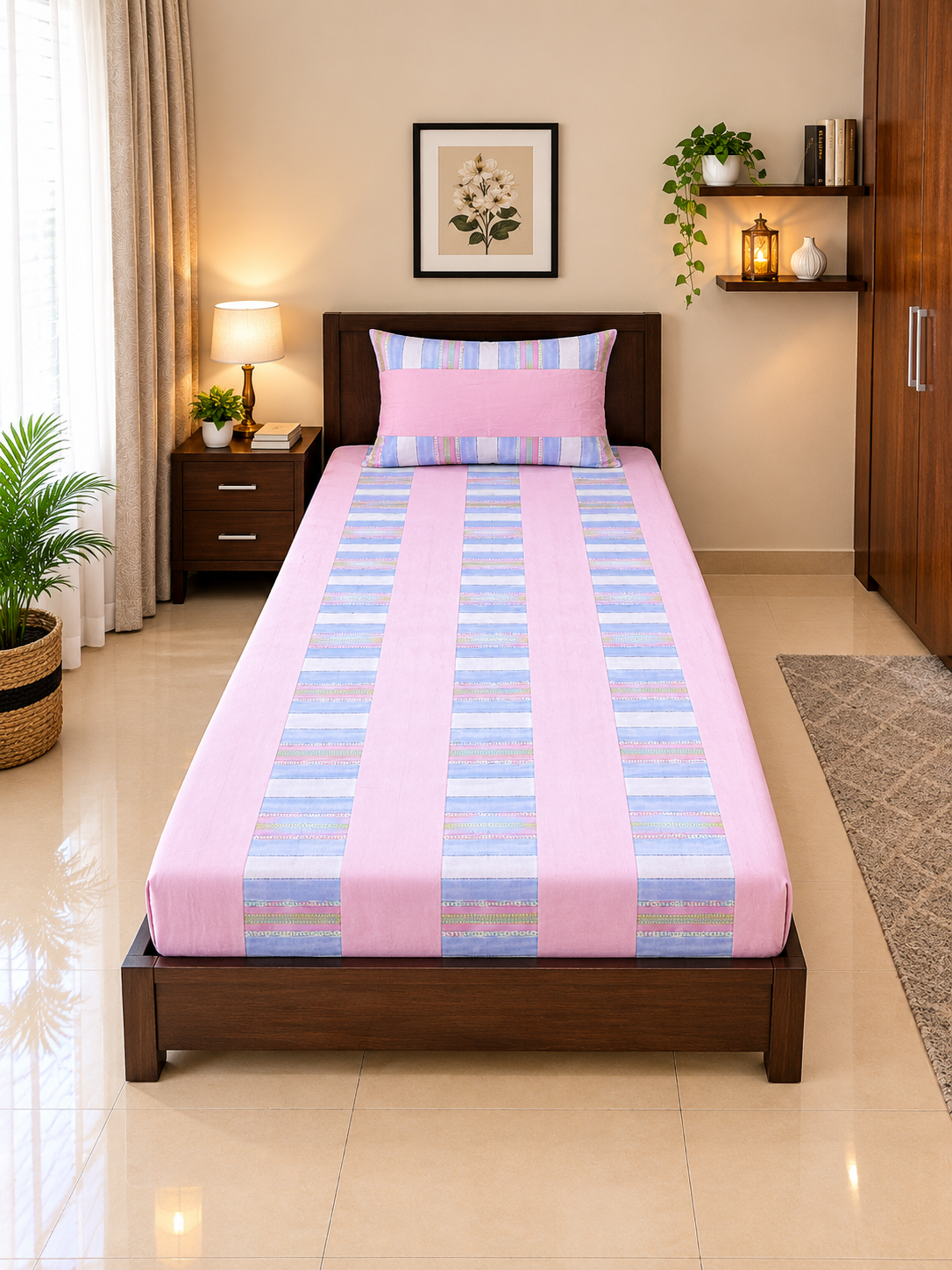 1 PCS Plain 3 2 PC Patchwork Single Bed Sheet Set – Soft Pink & Blue Striped Pattern - Image 1
