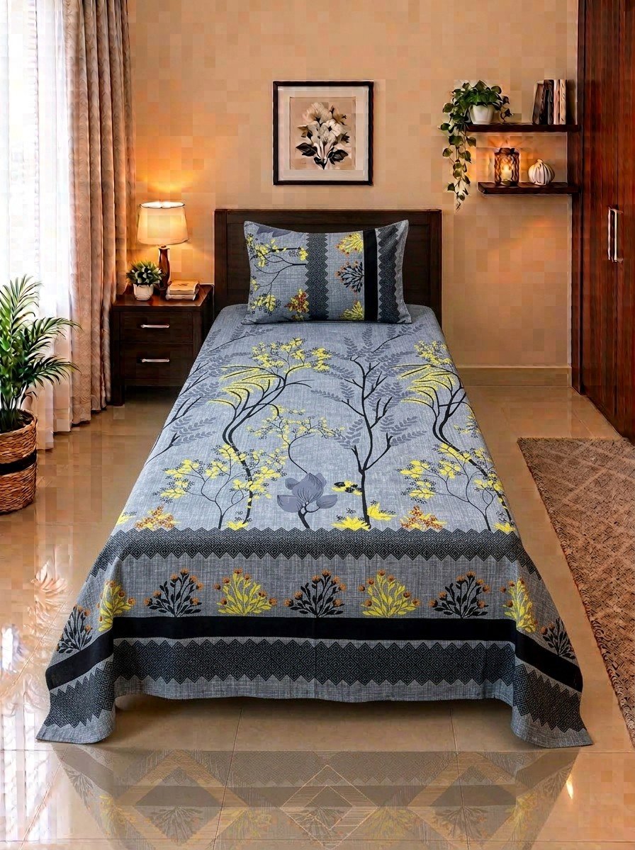 1 PCS Plain 30 2 PC Patchwork Single Bed Sheet Set – Grey & Yellow Floral Trees - Image 1