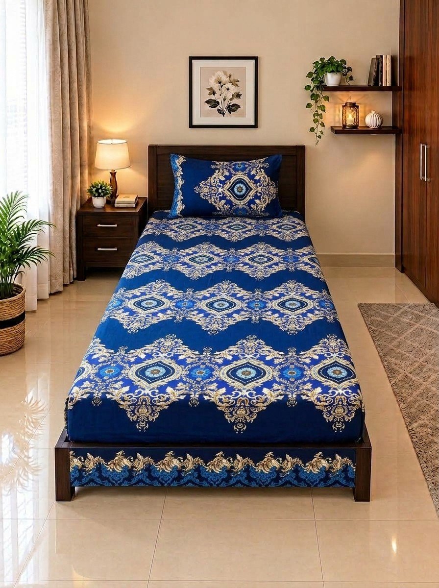 1 PCS Plain 31 2 PC Patchwork Single Bed Sheet Set – Royal Blue Ornamental Damask - Image 1