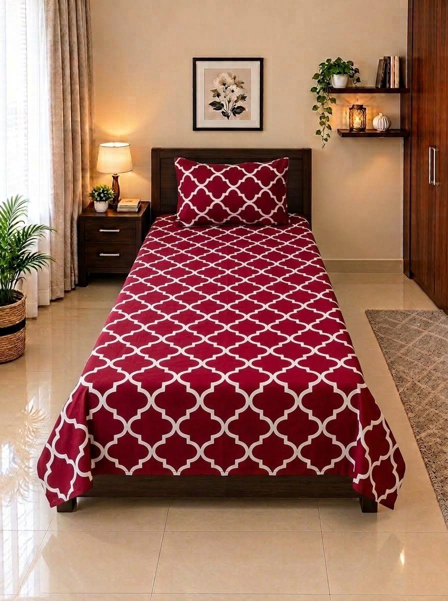 1 PCS Plain 32 2 PC Patchwork Single Bed Sheet Set – Maroon & White Lattice Trellis - Image 1