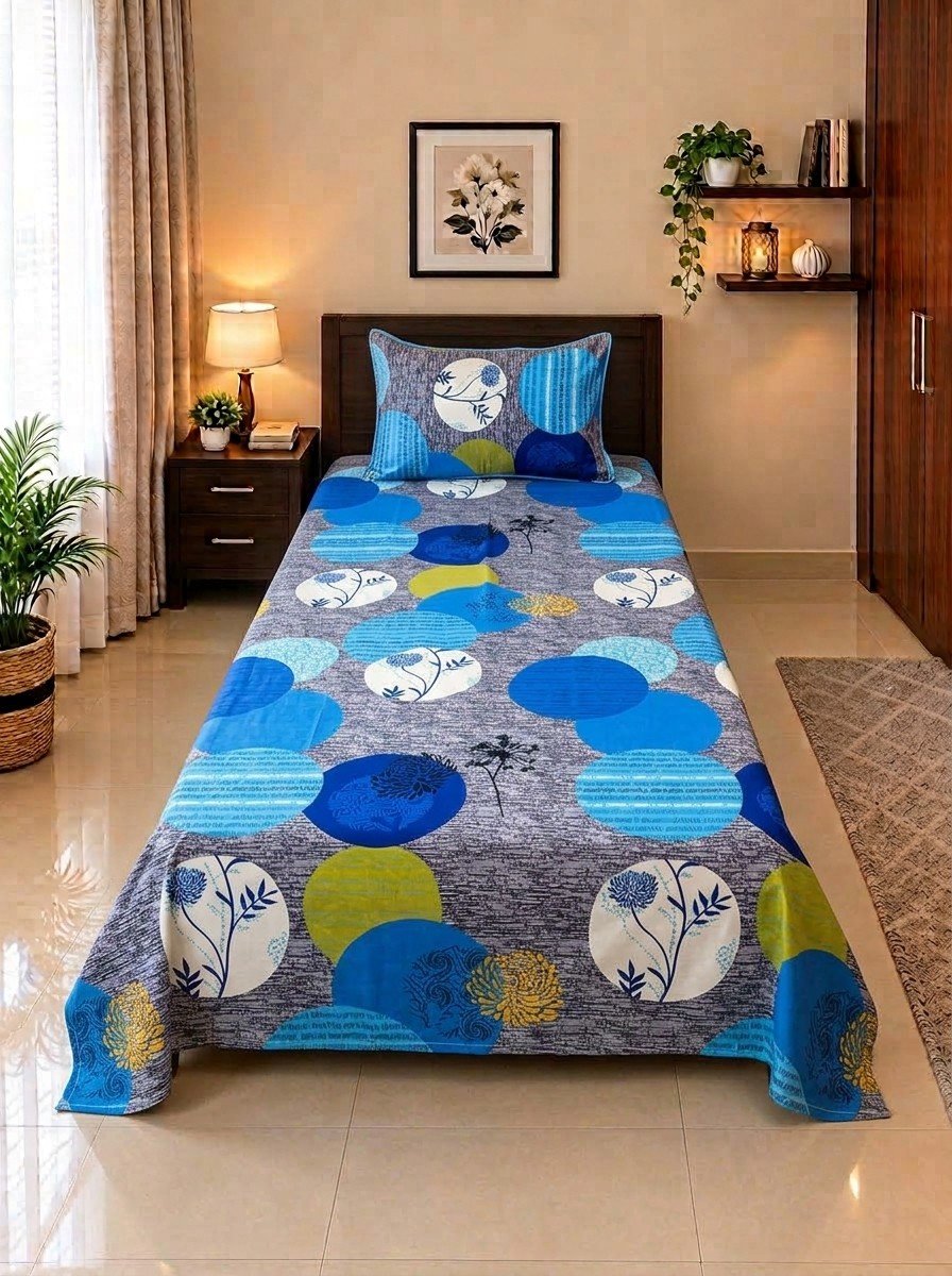 1 PCS Plain 33 2 PC Patchwork Single Bed Sheet Set – Blue & Lime Polka Circles - Image 1