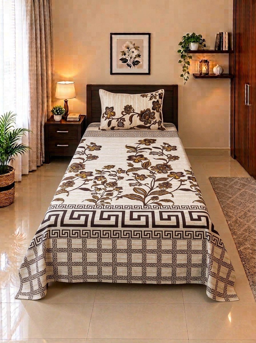 1 PCS Plain 35 2 PC Patchwork Single Bed Sheet Set – Cream & Brown Floral Vine - Image 1