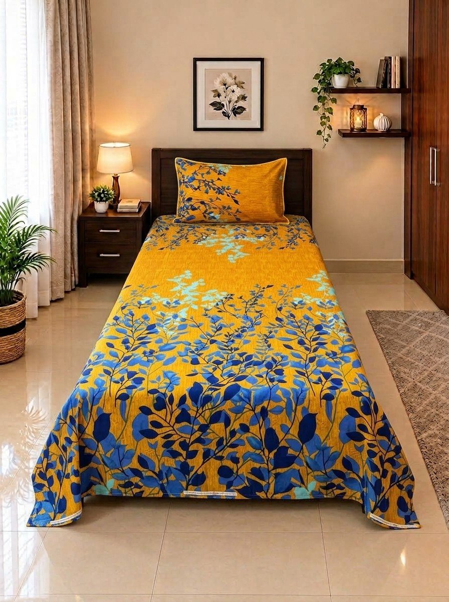 1 PCS Plain 39 2 PC Patchwork Single Bed Sheet Set – Mustard Yellow & Blue Leaf Vine - Image 1