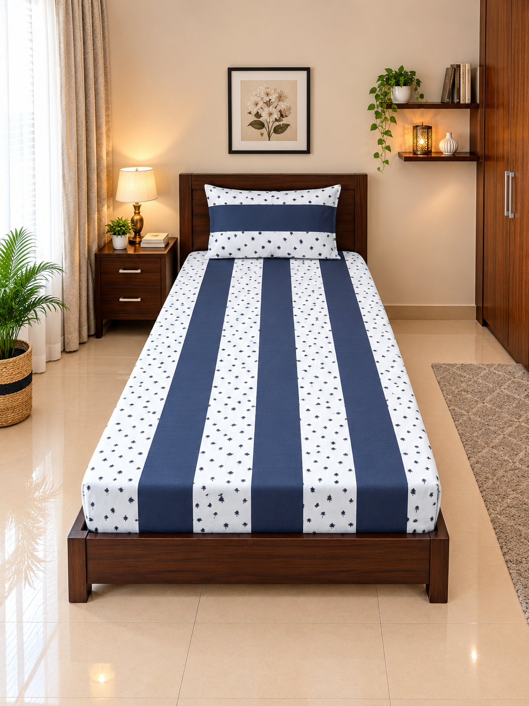 1 PCS Plain 4 2 PC Patchwork Single Bed Sheet Set – Deep Blue & White Pine Tree Motif - Image 1