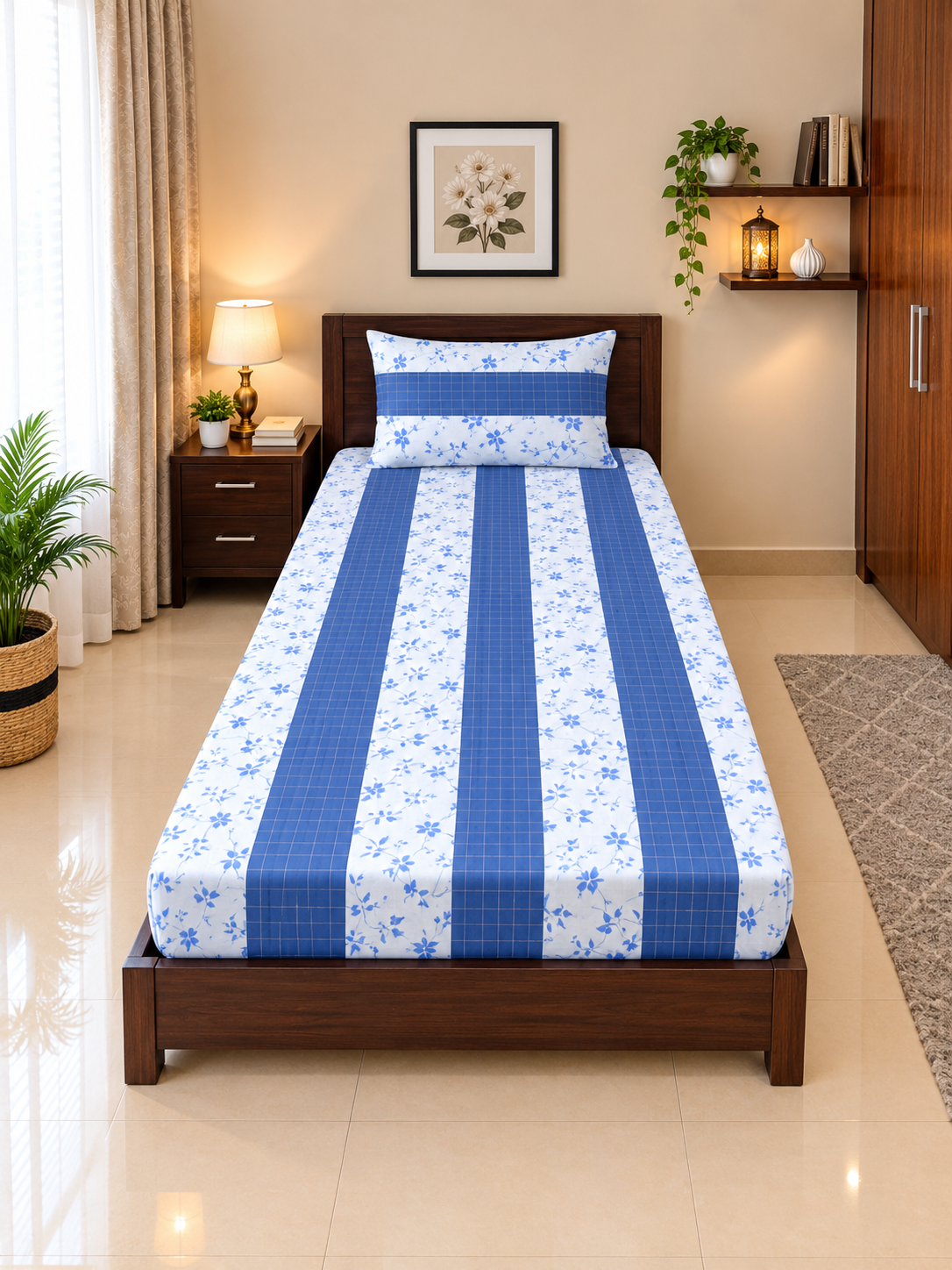1 PCS Plain 5 2 PC Patchwork Single Bed Sheet Set – Royal Blue Grid & Floral Mix Pattern - Image 1
