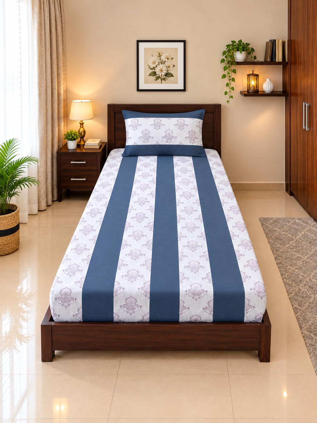 1 PCS Plain 6 2 PC Patchwork Single Bed Sheet Set – Classic Blue & Cream Damask Motif - Image 1