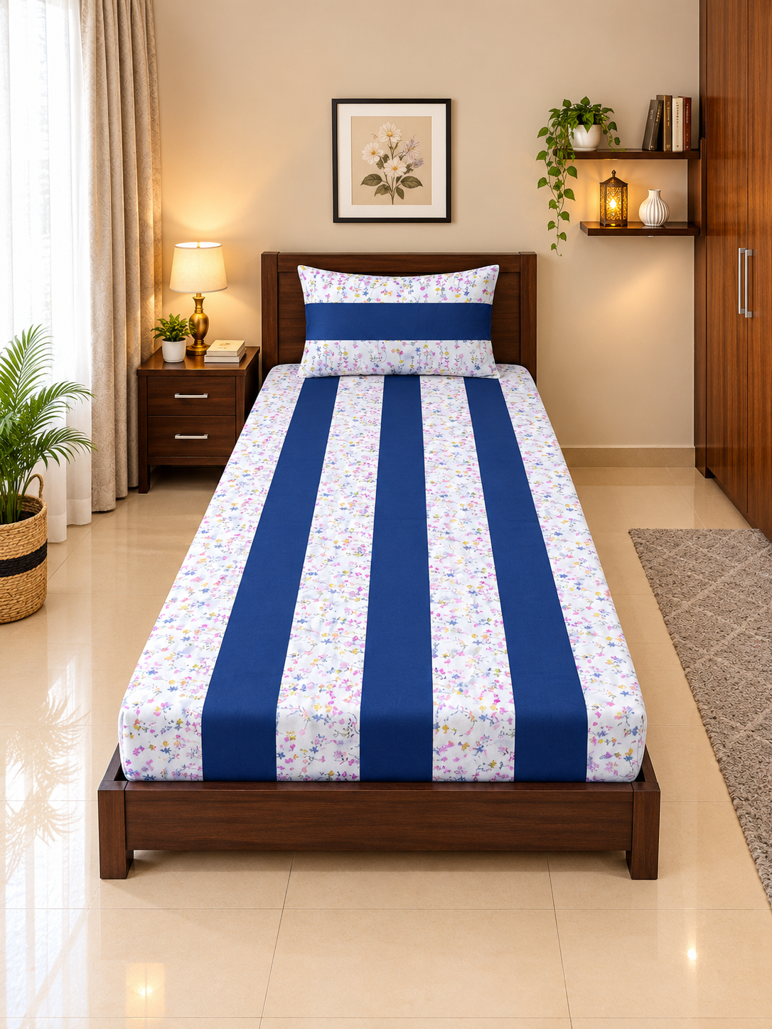 1 PCS Plain 7 2 PC Patchwork Single Bed Sheet Set – Navy Blue & Soft Floral Vine Print - Image 1