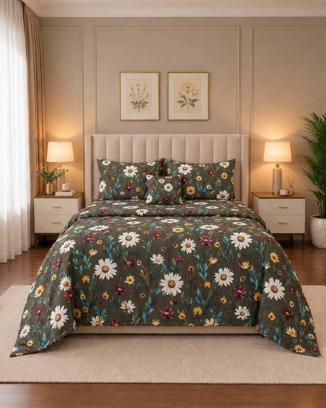 4 Pcs 1 4 Pcs Cotton King Bed Sheet Set – Olive Green Daisy Floral - Image 1