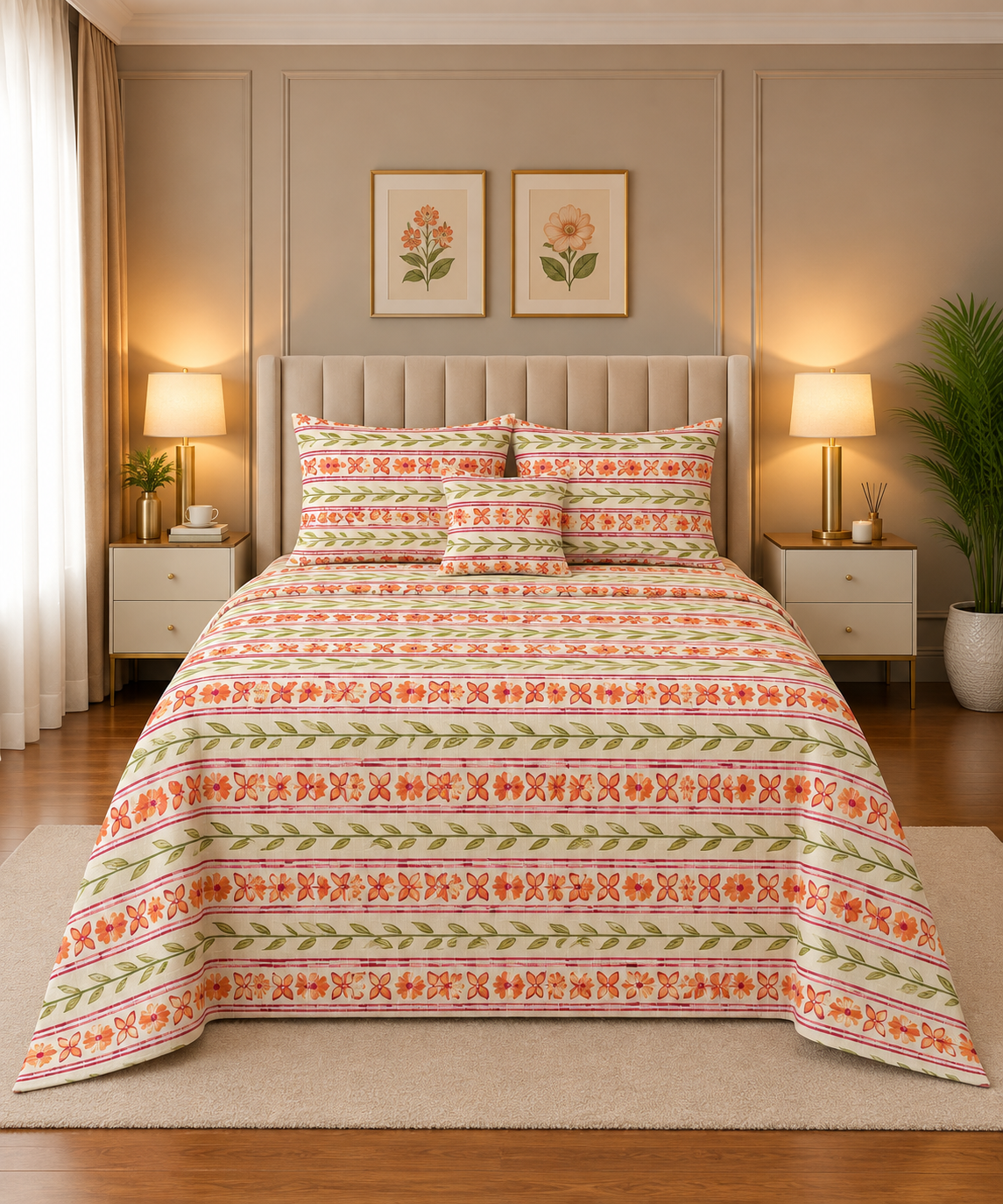 4 Pcs 11 4 Pcs Cotton King Bed Sheet Set – Pink & Orange Floral Horizontal Stripe Pattern - Image 1