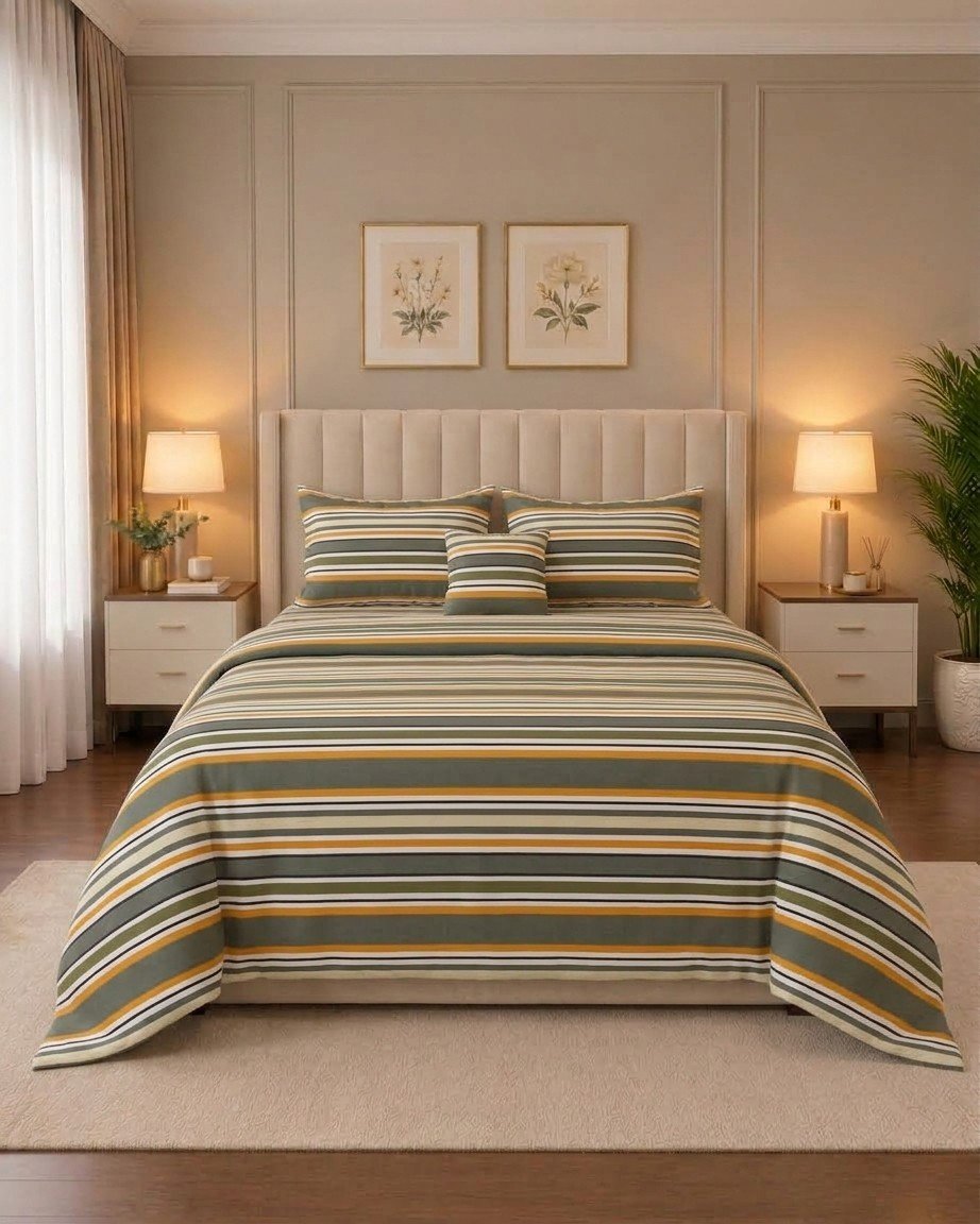4 Pcs 13 4 Pcs Cotton King Bed Sheet Set – Earthy Olive & Mustard Multi-Stripe Pattern - Image 1
