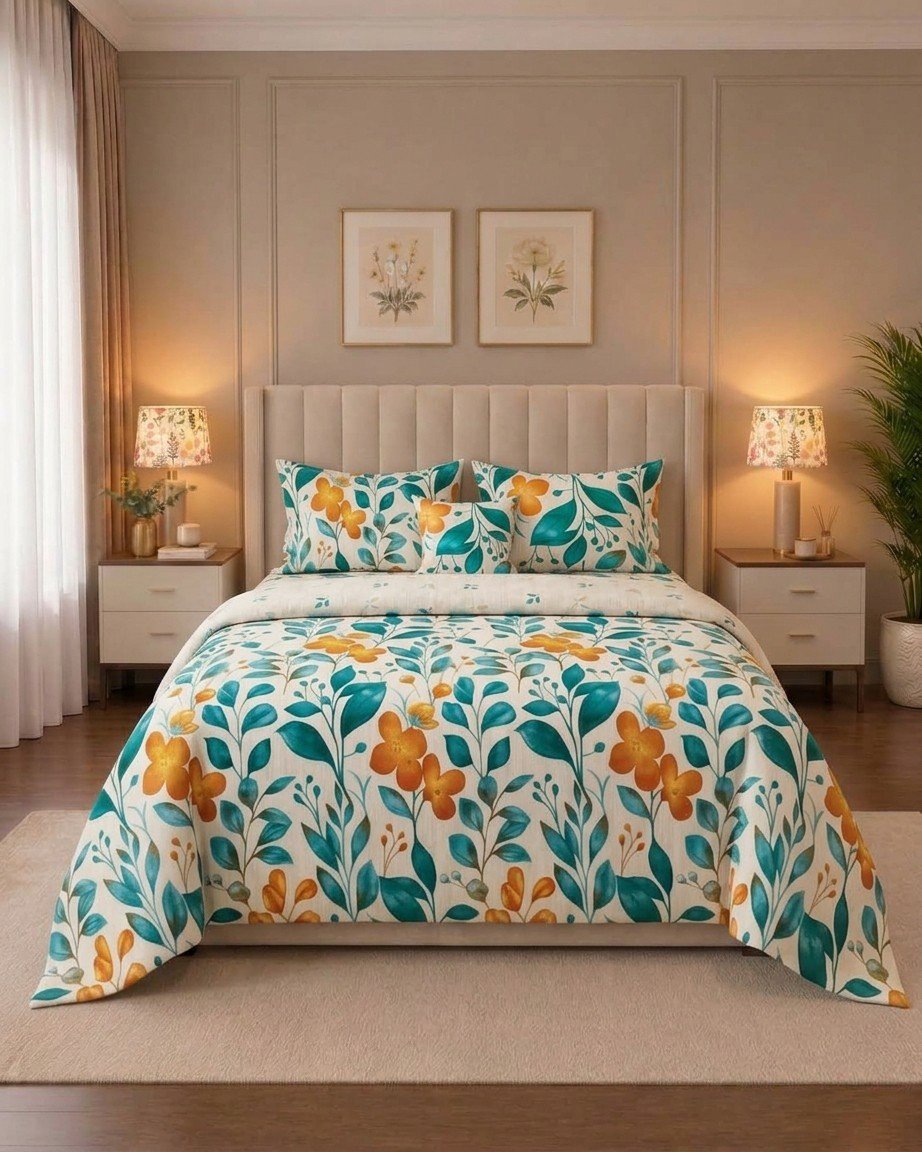4 Pcs 14 4 Pcs Cotton King Bed Sheet Set – Vibrant Teal & Mustard Floral Leaf Print - Image 1