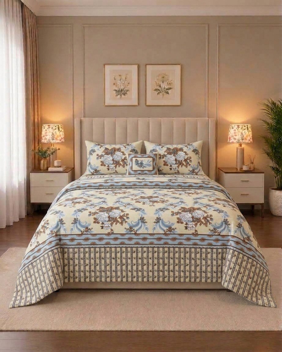 4 Pcs 15 4 Pcs Cotton King Bed Sheet Set – Vintage Cream & Blue Damask Border Floral - Image 1