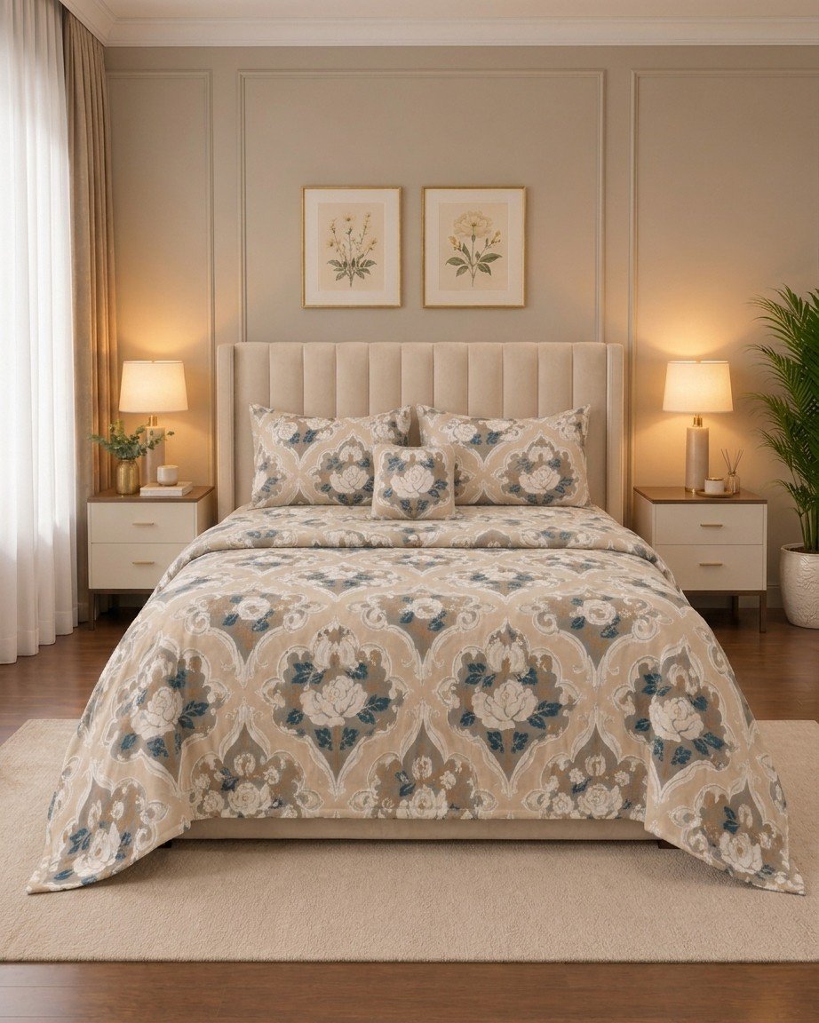 4 Pcs 16 4 Pcs Cotton King Bed Sheet Set – Elegant Beige & Navy Damask Medallion Print - Image 1