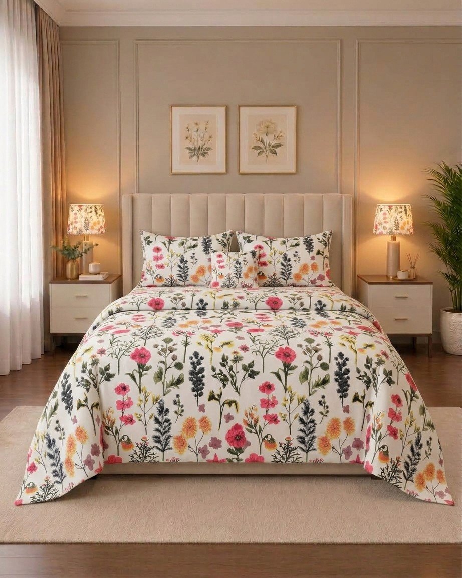 4 Pcs 17 4 Pcs Cotton King Bed Sheet Set – Wildflower Botanical Garden Print - Image 1