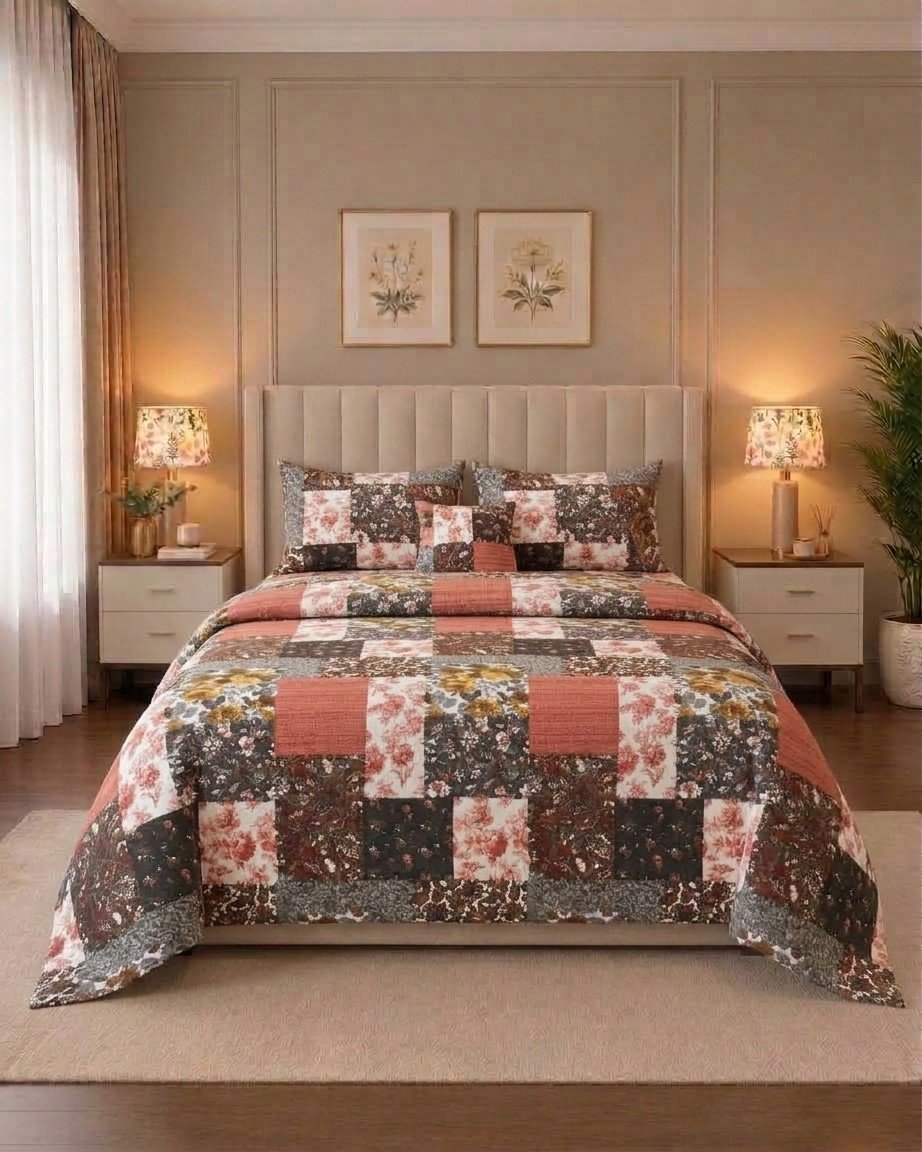 4 Pcs 18 4 Pcs Cotton King Bed Sheet Set – Rust & Brown Patchwork Grid Pattern - Image 1