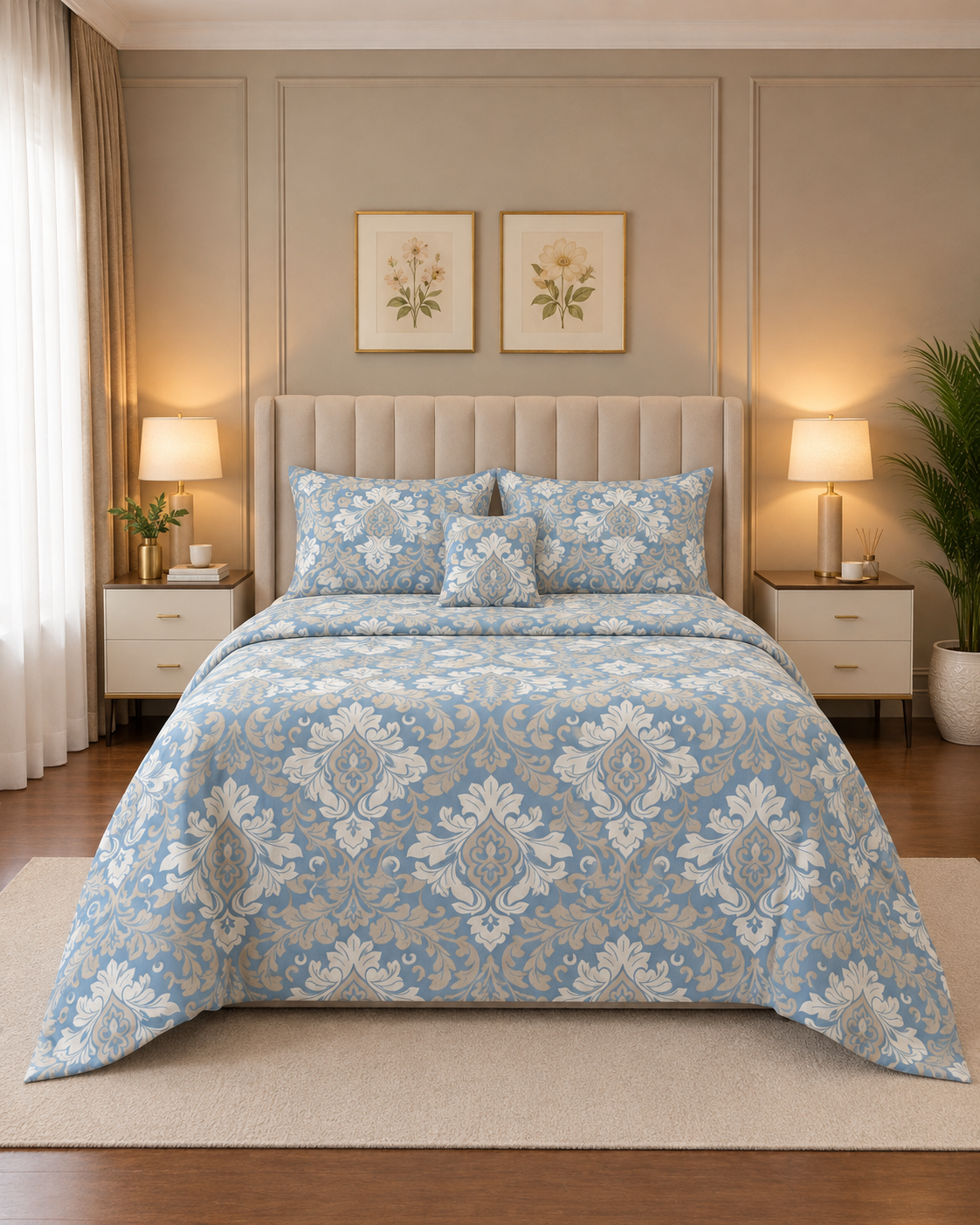 4 Pcs 2 4 Pcs Cotton King Bed Sheet Set – Dusty Blue Damask Ornamental - Image 1