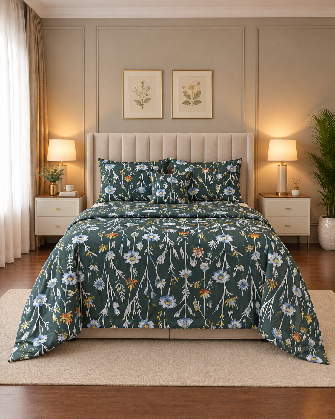 4 Pcs 3 4 Pcs Cotton King Bed Sheet Set – Teal Blue Lattice & Floral Trellis - Image 1