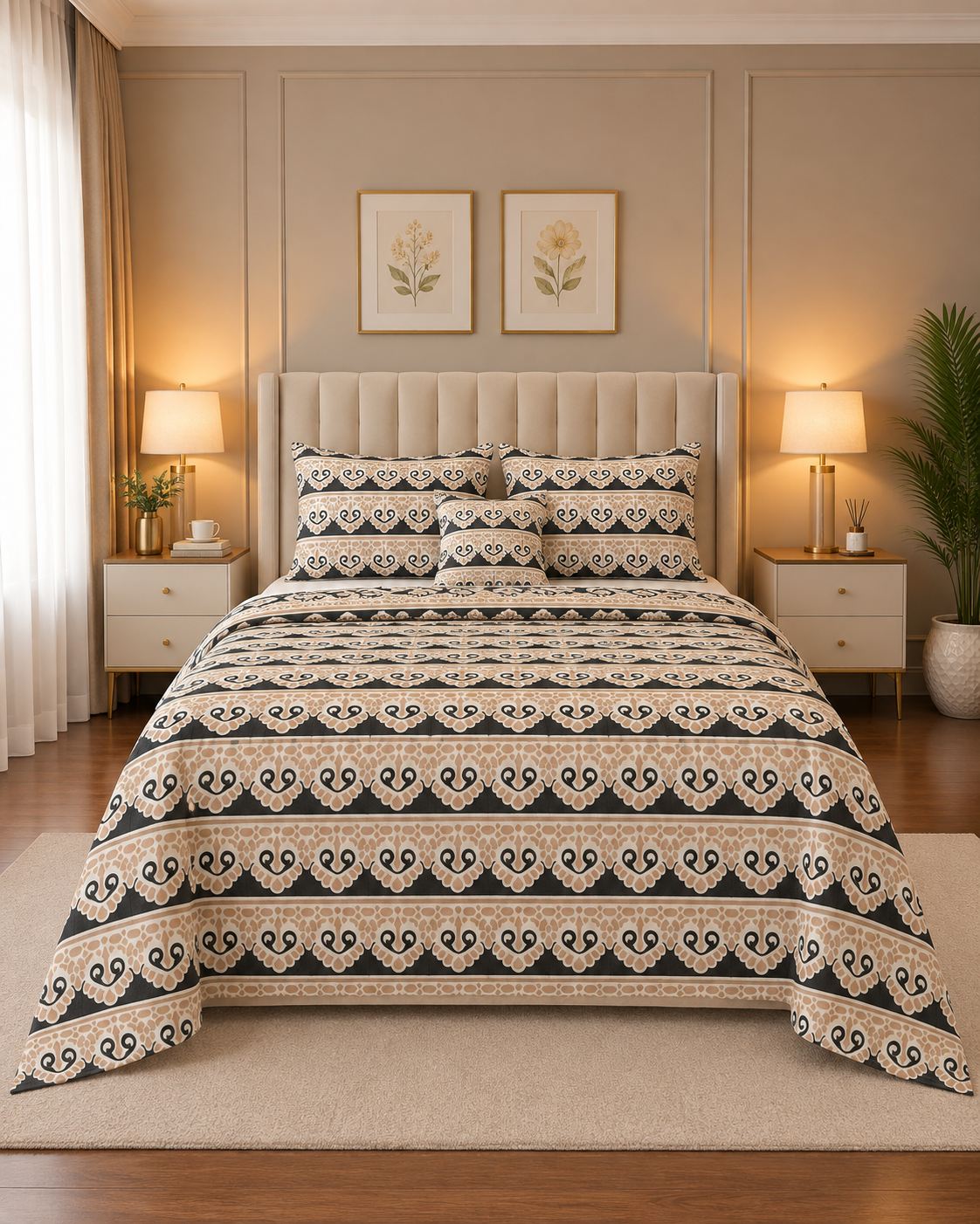 4 Pcs 8 4 Pcs Cotton King Bed Sheet Set – Cream & Black Mandala Border - Image 1