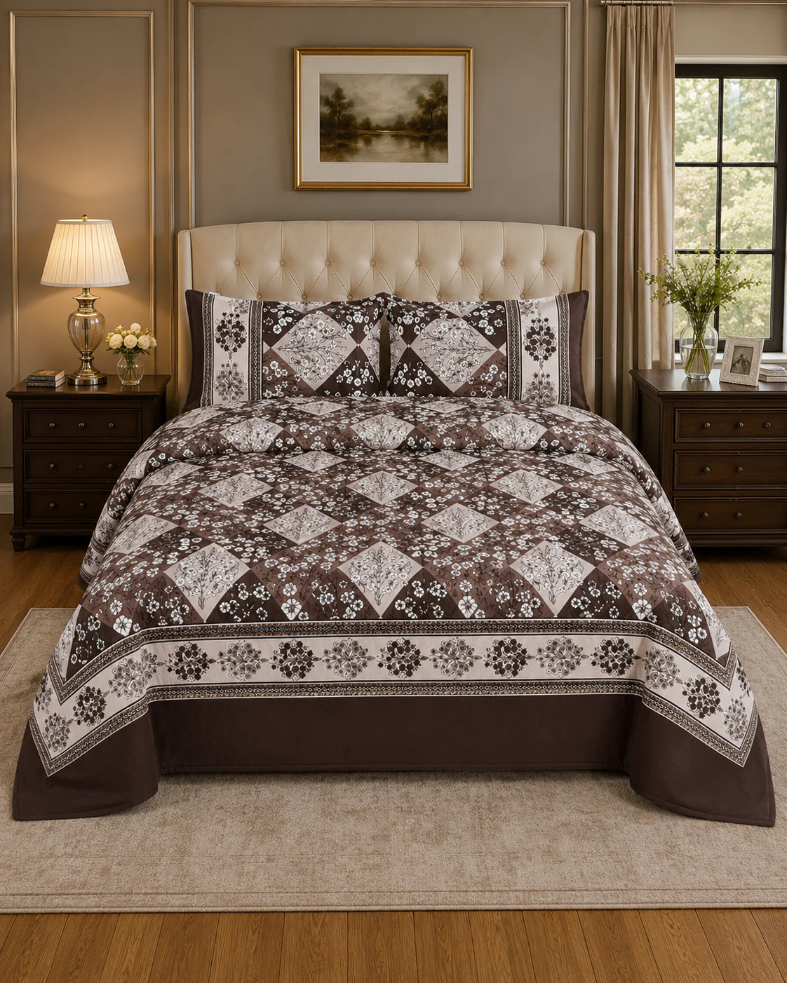 Dark Chocolate Geometric King Bed Sheet Set - Image 1