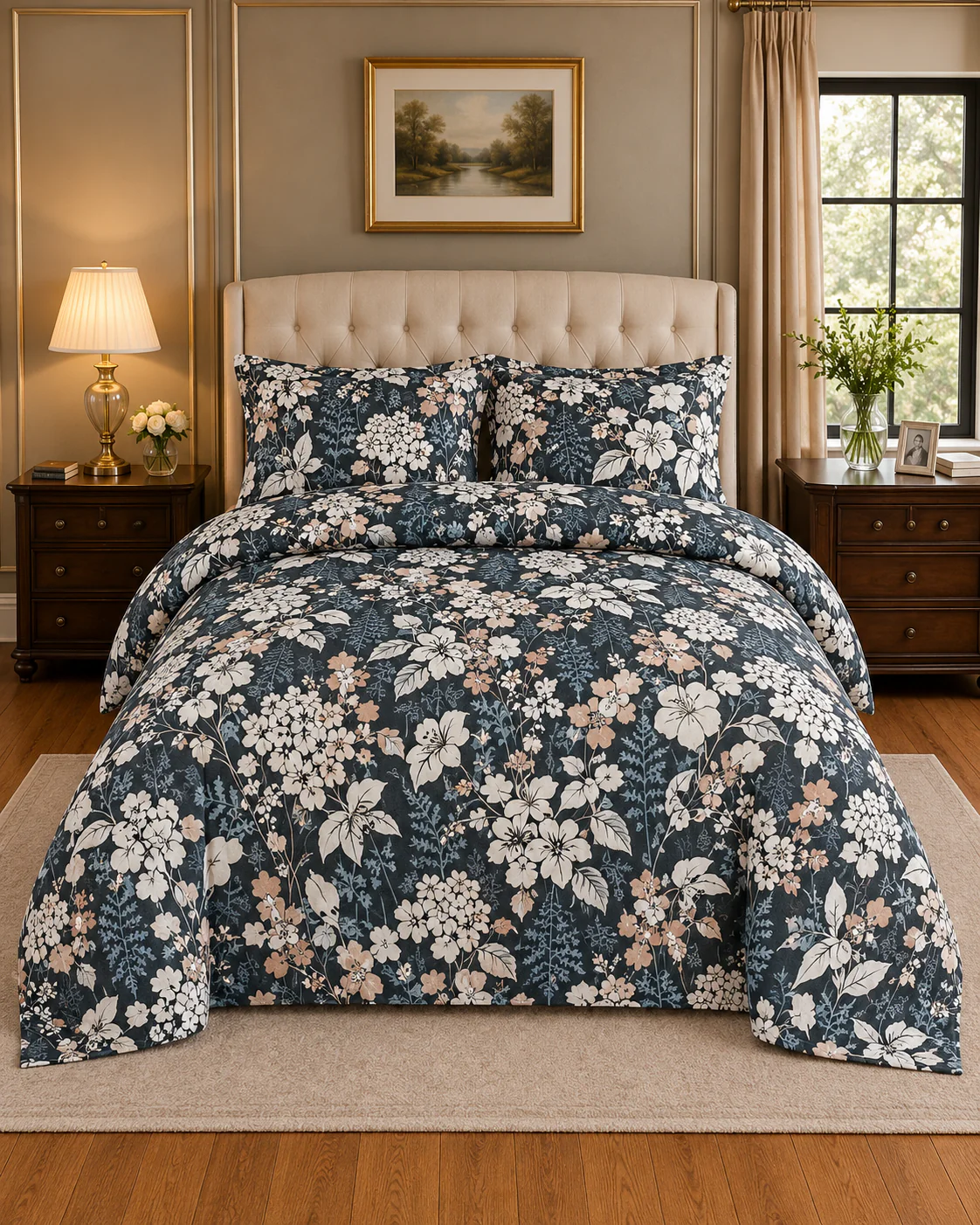 Royal Blue Garden King Bed Sheet Set - Image 1
