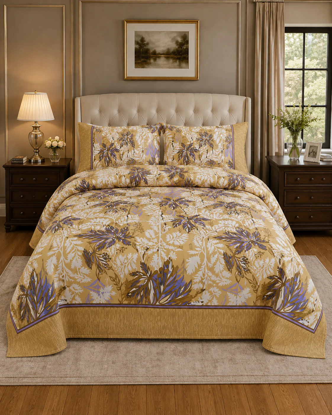Bed Sheets Designs 2 Mustard Gold Floral Leaf King Bed Sheet Set - Image 1