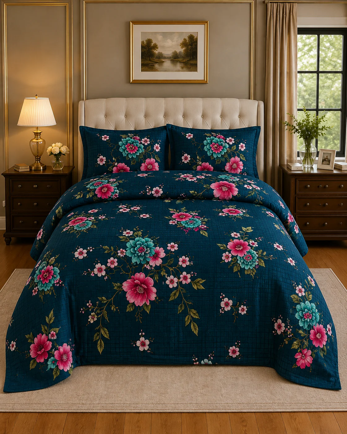 Bed Sheets Designs 5 Teal Blue Floral King Bed Sheet Set - Image 1