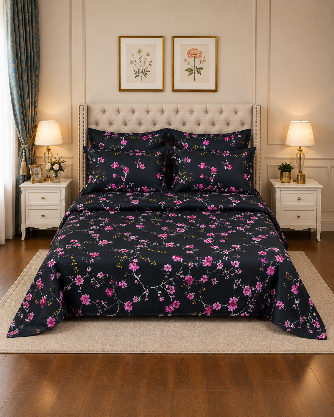 Bed Spread 1 7Pc Printed Comforter Set – Black Pink Floral - Image 1
