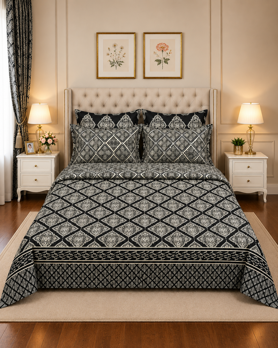 Bed Spread 10 7Pc Printed Comforter Set – Black White Geometric Diamond - Image 1