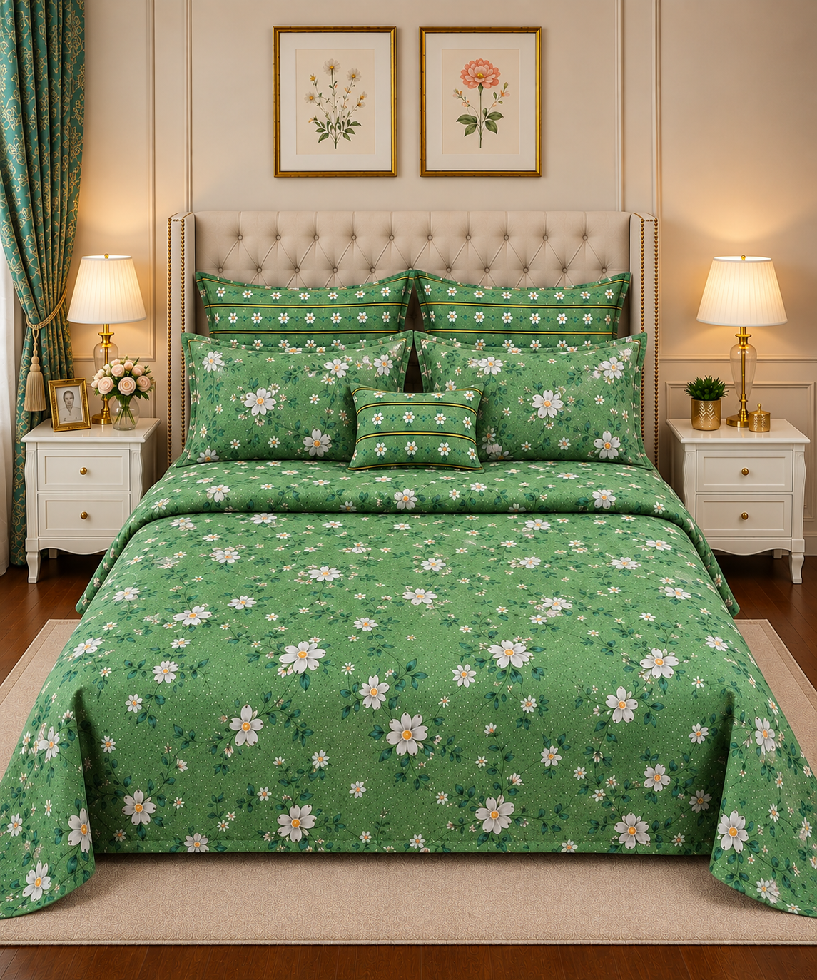 Bed Spread 13 7Pc Printed Comforter Set – Dark Navy Gold Damask - Image 1