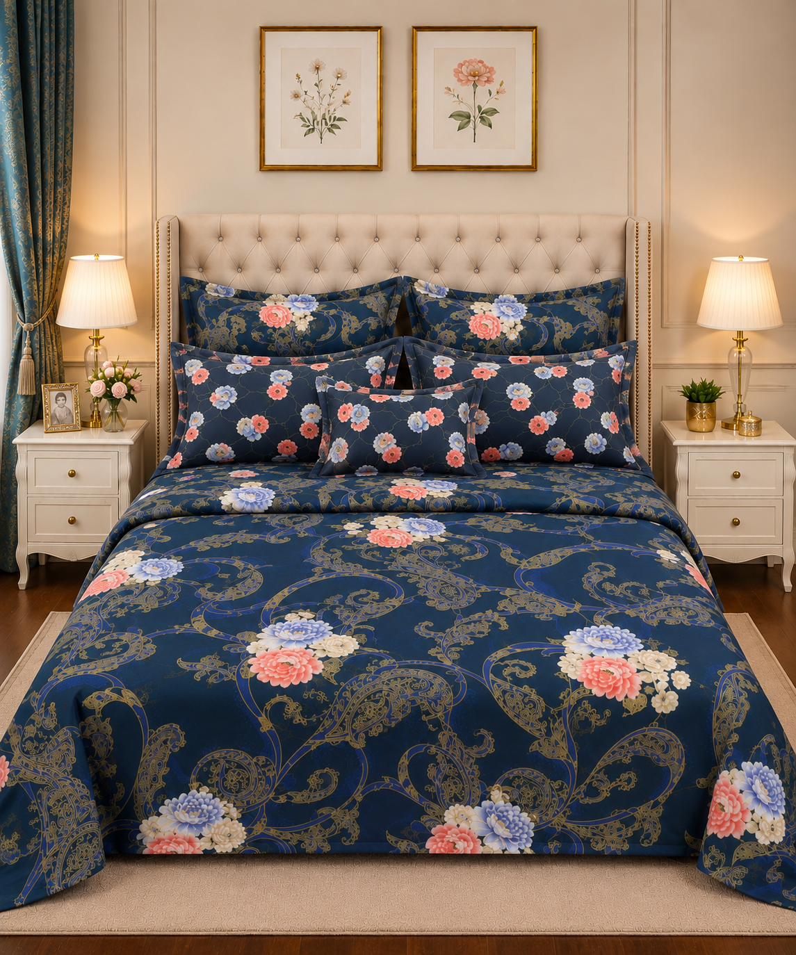Bed Spread 16 7Pc Printed Comforter Set – Emerald Green Gold Luxury - Image 1