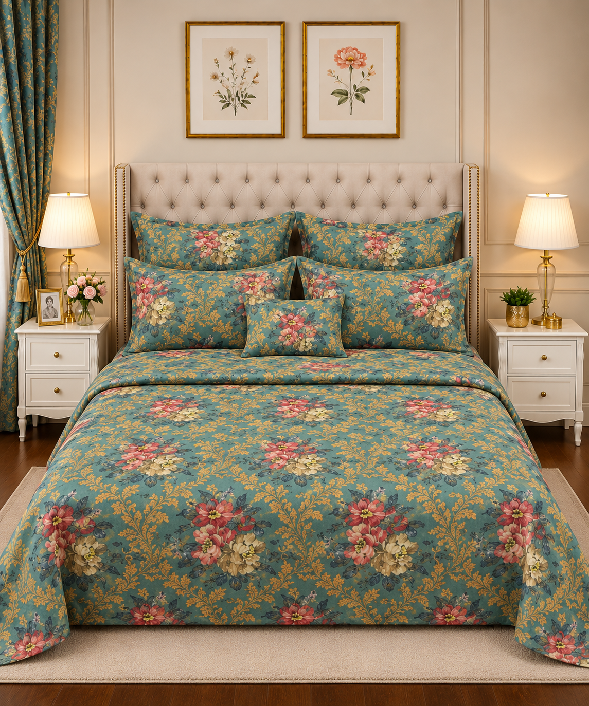 Bed Spread 17 7Pc Printed Comforter Set – Olive Green Botanical - Image 1