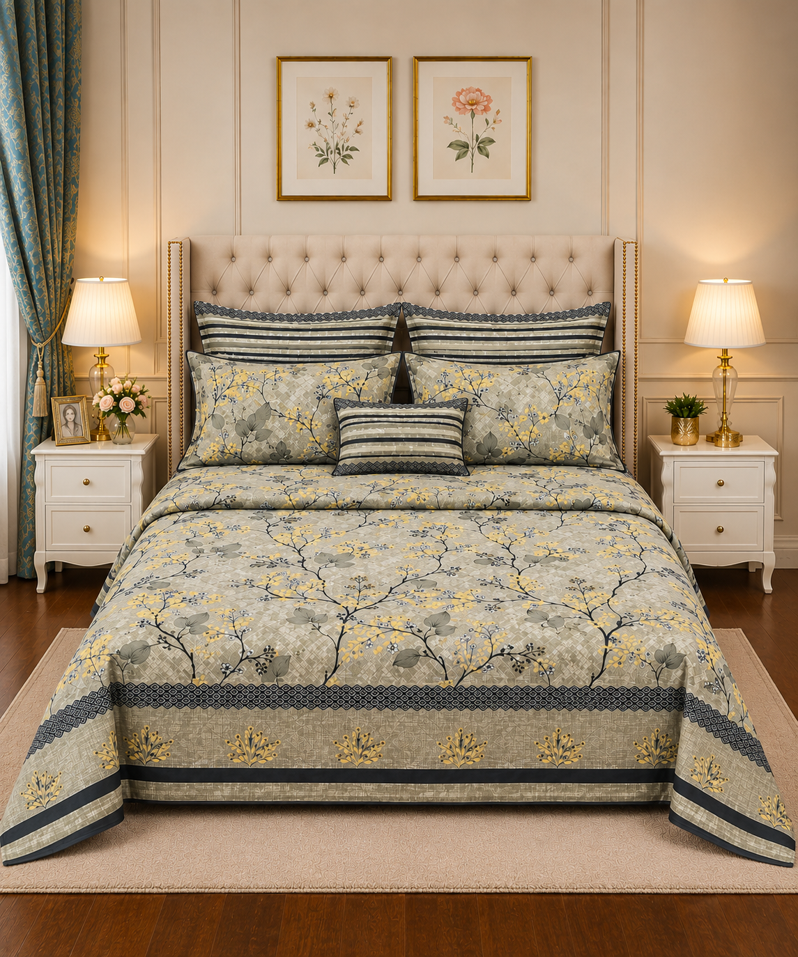 Bed Spread 19 7Pc Printed Comforter Set – Cream Beige Vintage Floral - Image 1