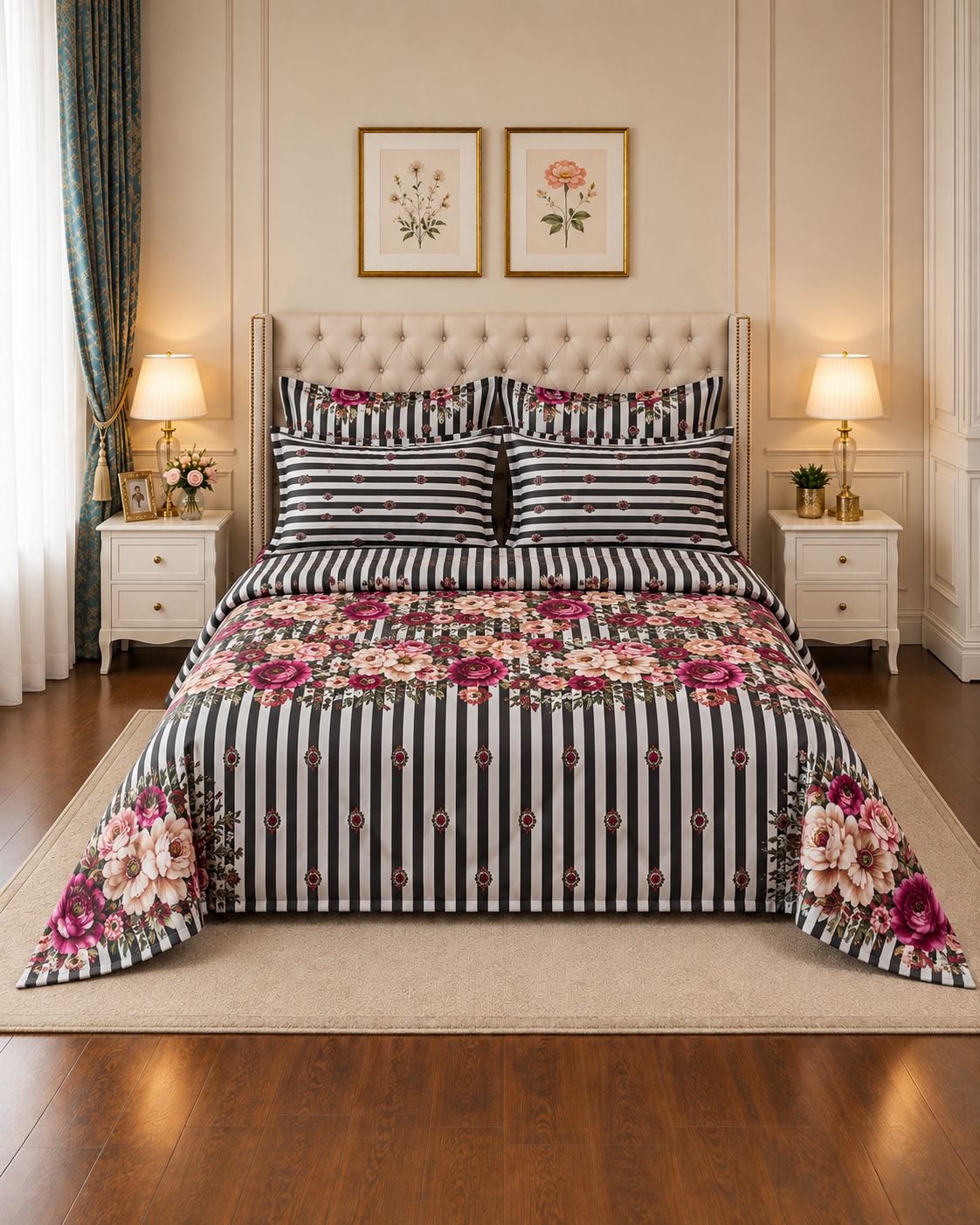 Bed Spread 2 7Pc Printed Comforter Set – Black Floral Stripe - Image 1